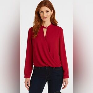 ANDB rich red long sleeved blouse, overlapping flap draped at waist, neck flap M
